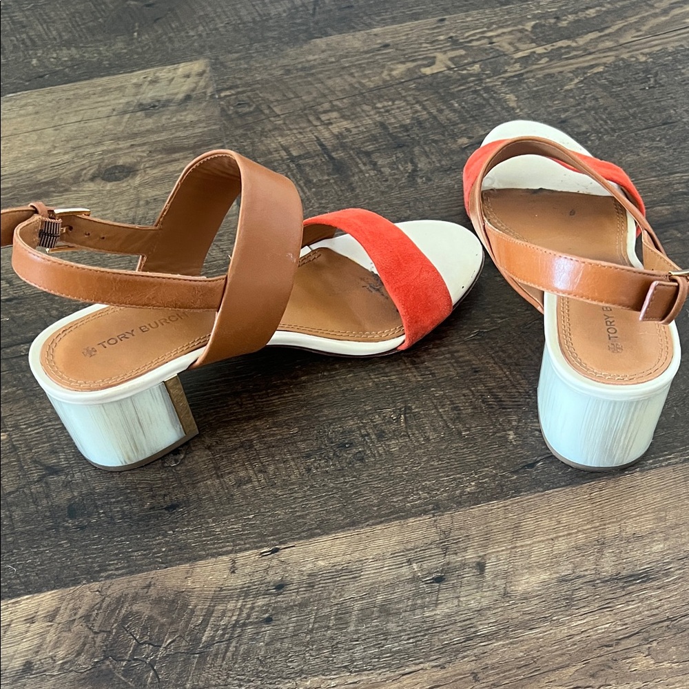 Tory Burch Tan Leather & Coral Suede Block Heel Sandals - Picture 5 of 6